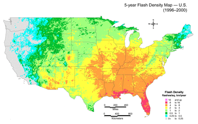 Figure 2. U.S. lightning flash density map. (Map provided by Vaisala-GAI. Lightning data provided by the U.S. National Lightning Detection Network.)