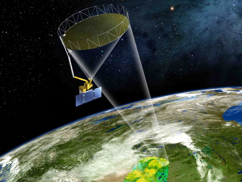 This is an artist concept of NASA’s Soil Moisture Active Passive mission. Credit: NASA/JPL