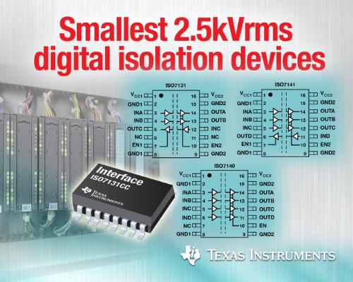 New 2.5-kVrms digital isolation devices are 50 percent smaller than traditional SOIC isolation devices and provide an isolation rating 2.5 times better than competitive devices in the same package.