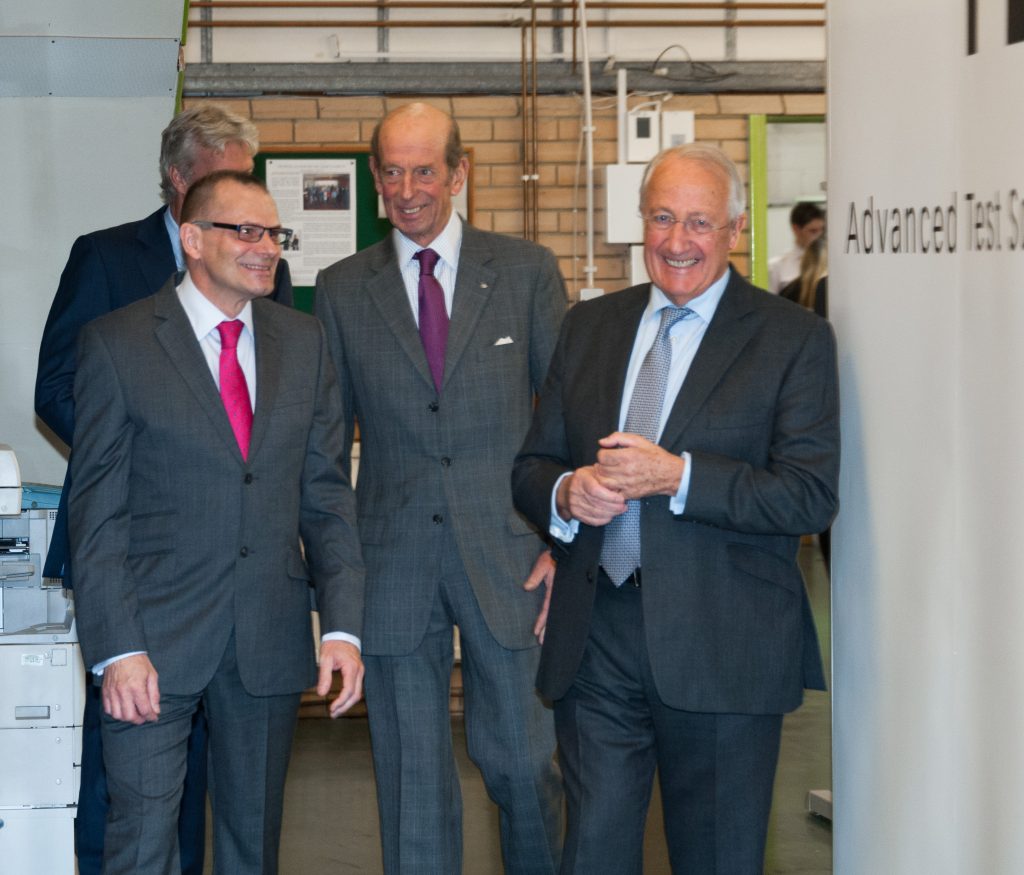 Pictured: Graeme Goodall, Finance Director at MILMEGA (left rear); Pat Moore, Managing Director at MILMEGA (left front); HRH Duke of Kent (middle); and HM Lord-Lieutenant, Major General Martin White CB CBE JP (right).