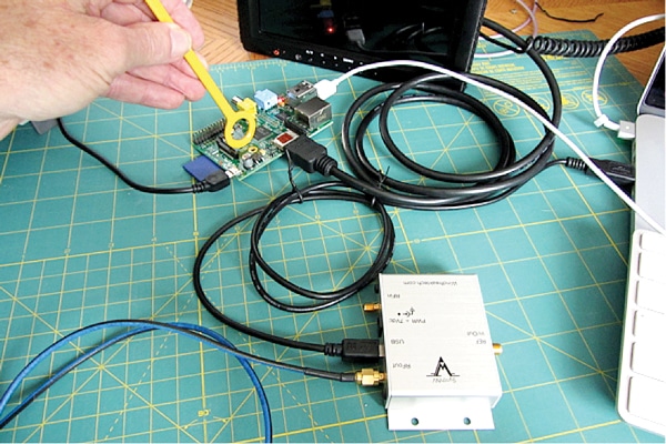 Figure 13. Using the SynthNV from Windfreak Technologies to evaluate the Raspberry PI embedded processor.