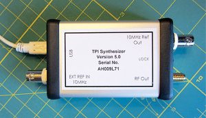 Figure 3. The TPI Synthesizer from Trinity Power is about 2 by 3.5 inches and can produce up to +17 dBm from 35 to 4400 MHz.