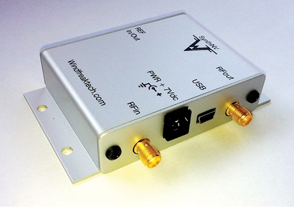 Figure 5. The Windfreak Technologies model SynthNV RF generator is USB-controlled and tunes from 35 to 4400 MHz. It can also AM-modulate the RF output at 1 kHz, according to the radiated immunity standard IEC 61000-4-3. Image courtesy of Windfreak Technologies.