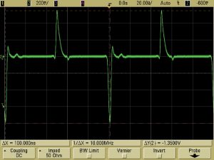 Figure 8 – Resulting waveform for the simple DIY comb generator. The series capacitor differentiates the square wave from the oscillator and the approximately 5 nanosecond pulses create the harmonic content.