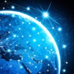 A 3D illustration depicting a global network connection covering the earth with glowing blue lines.