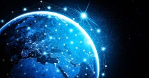 A 3D illustration depicting a global network connection covering the earth with glowing blue lines.