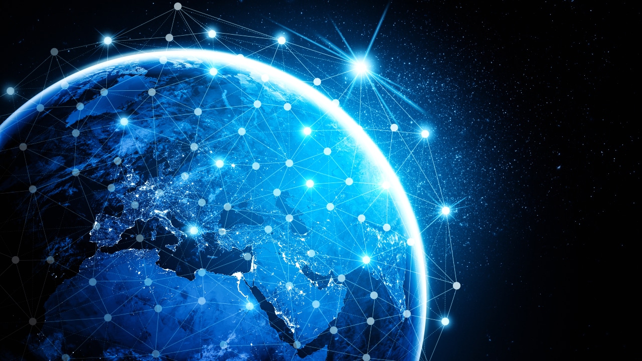 A 3D illustration depicting a global network connection covering the earth with glowing blue lines.