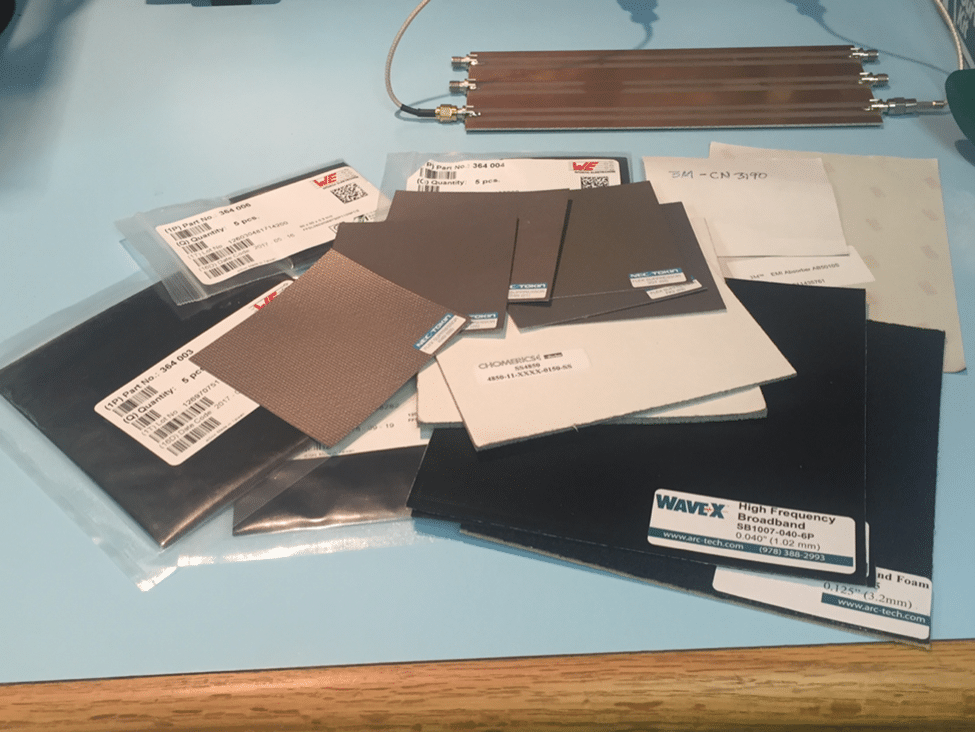 A collection of ferrite absorber sheets from different manufacturers