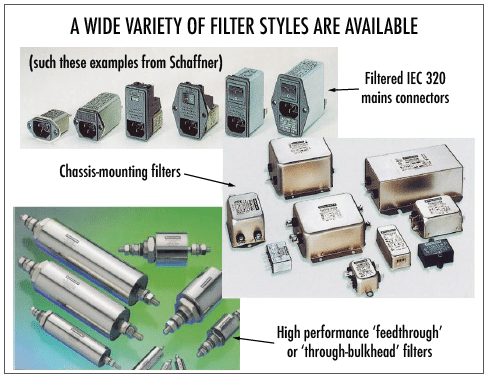 Examples of the varieties of filter styles available including Filtered IEC 329 mains connectors, chassis-mounting filters, and high performance "feedthrough" or "through-bulkhead" filters. 