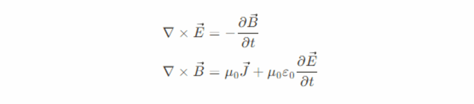 The image displays two of Maxwell's equations in differential form. First line: "Nabla cross E equals negative partial derivative of B with respect to time." Mathematically: ∇ × E = –∂B/∂t Second line: "Nabla cross B equals mu naught times J plus mu naught times epsilon naught times the partial derivative of E with respect to time." Mathematically: ∇ × B = μ₀J + μ₀ε₀ ∂E/∂t These equations describe how changing electric and magnetic fields interact in electromagnetic theory.