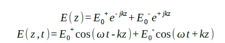 One-dimensional Helmholtz equation: E of z equals E-zero-plus times e to the minus j k z plus E-zero-minus times e to the plus j k z. Time-domain form: E of z comma t equals E-zero-plus cosine of omega t minus k z plus E-zero-minus cosine of omega t plus k z.
