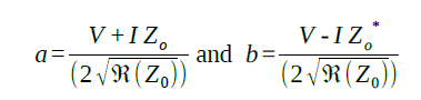 a equals V plus I times Z sub zero, divided by two times the square root of the real part of Z sub zero; and b equals V minus I times the complex conjugate of Z sub zero, divided by two times the square root of the real part of Z sub zero.