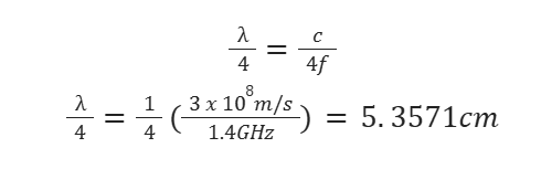 Quarter wavelength calculation for the lowest frequency in the band of interest. Lambda divided by four equals c divided by four f. Substituting values, lambda divided by four equals one fourth times open parenthesis three times ten to the eighth meters per second divided by 1.4 gigahertz close parenthesis, which equals 5.3571 centimeters.