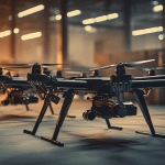 Modern drones lined up in a pre-deployment environment