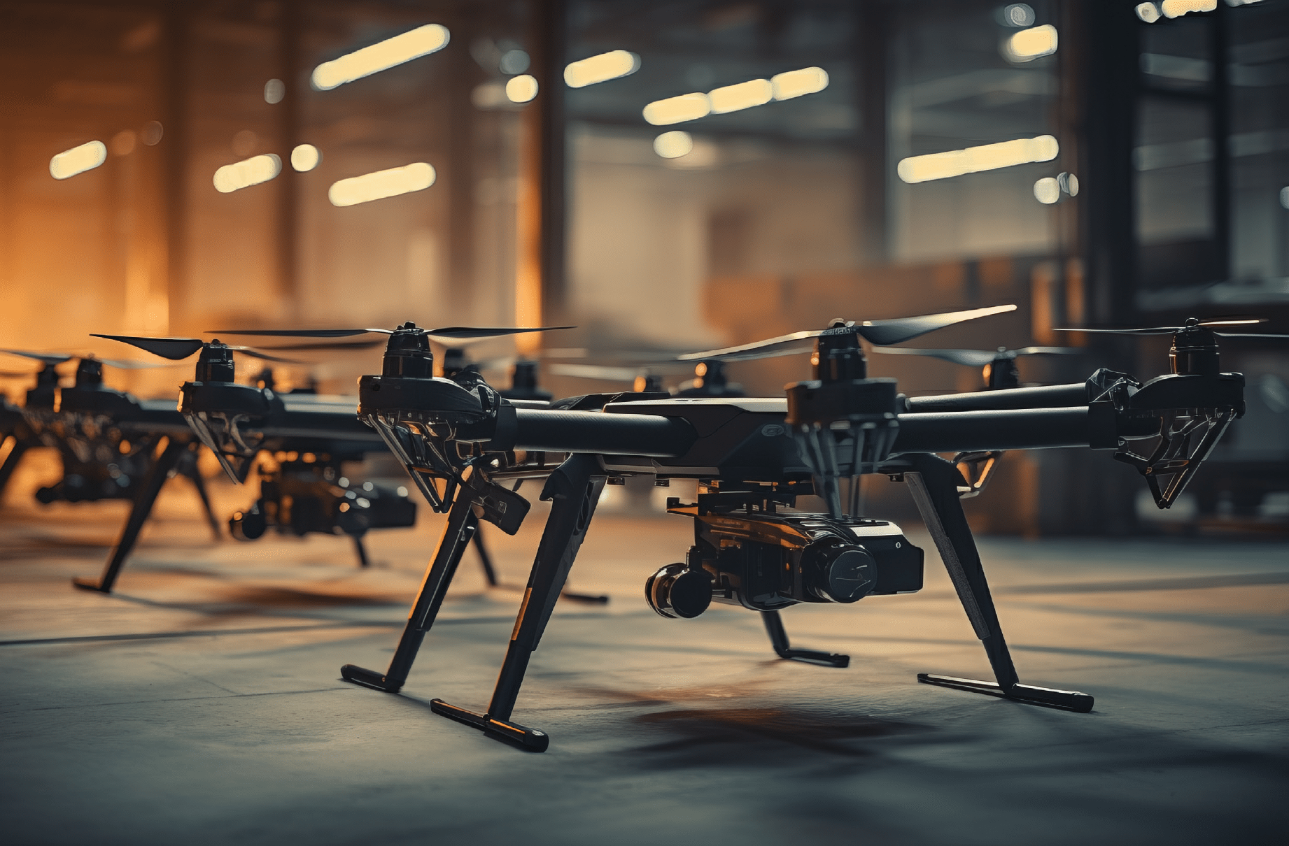 Modern drones lined up in a pre-deployment environment